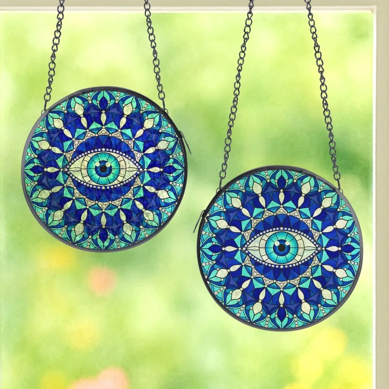Modern Art Lovers' Tiffany Style Stained Glass Evil Eye Mandala, Royal Aqua Blue Crystal Intricate Patterns Stained Glass Suncatcher - 1