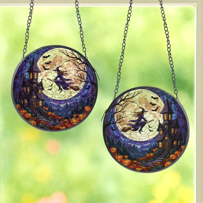Witchcraft Fans' Tiffany Stained Glass Halloween Witch Moon Haunted House Deep Violet Orange Night Stained Glass Suncatcher - 1