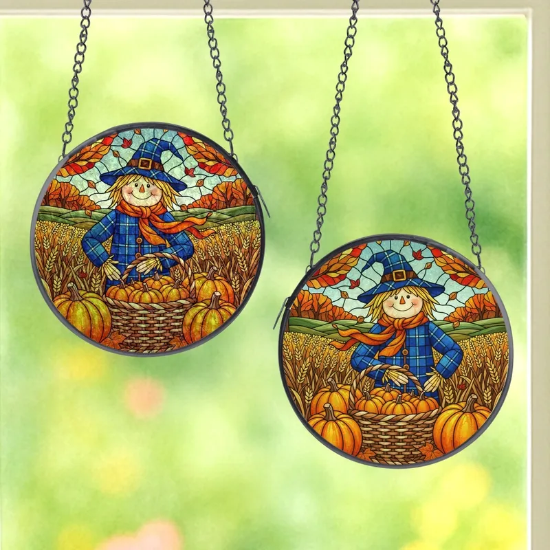 Autumn Lovers' Intricate Stained Glass Scarecrow Cobalt Blue Plaid Hat Pumpkin Field Mosaic Stained Glass Suncatcher - 1