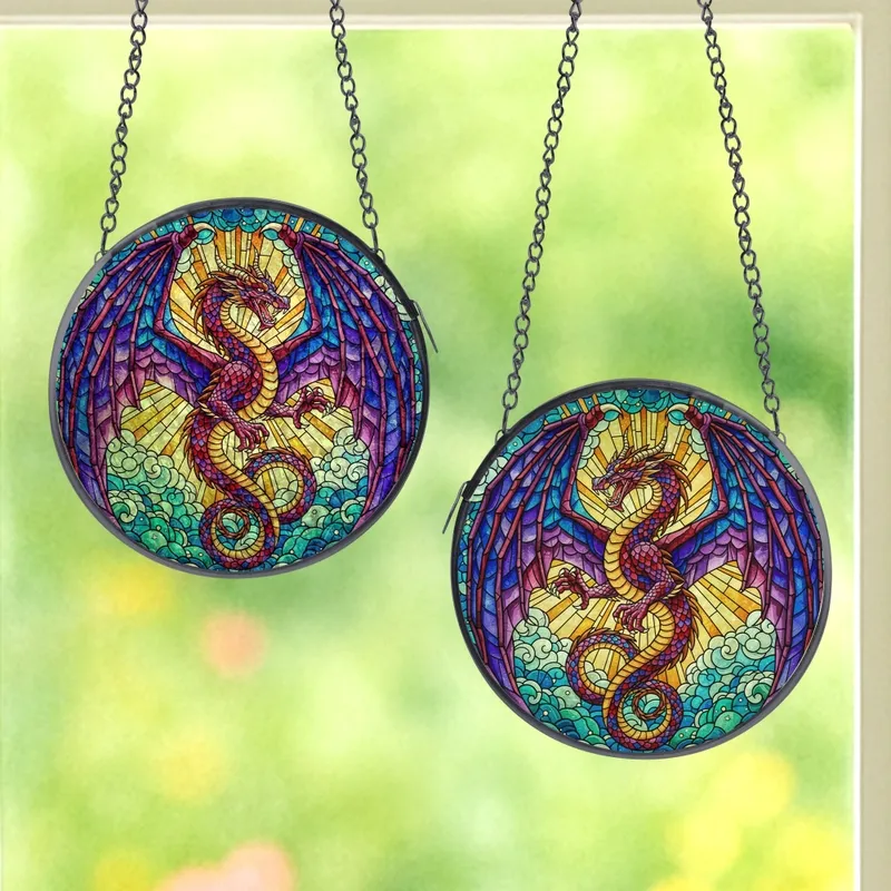 Fantasy Art Lovers' Majestic Western Dragon Stained Glass Mosaic Jewel Tones Celestial Pattern Stained Glass Suncatcher - 1