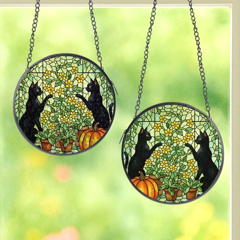 Cat Lovers' Vibrant Tiffany Stained Glass Black Cats, Yellow Blossoms & Orange Pumpkin Garden Mosaic Stained Glass Suncatcher - 1
