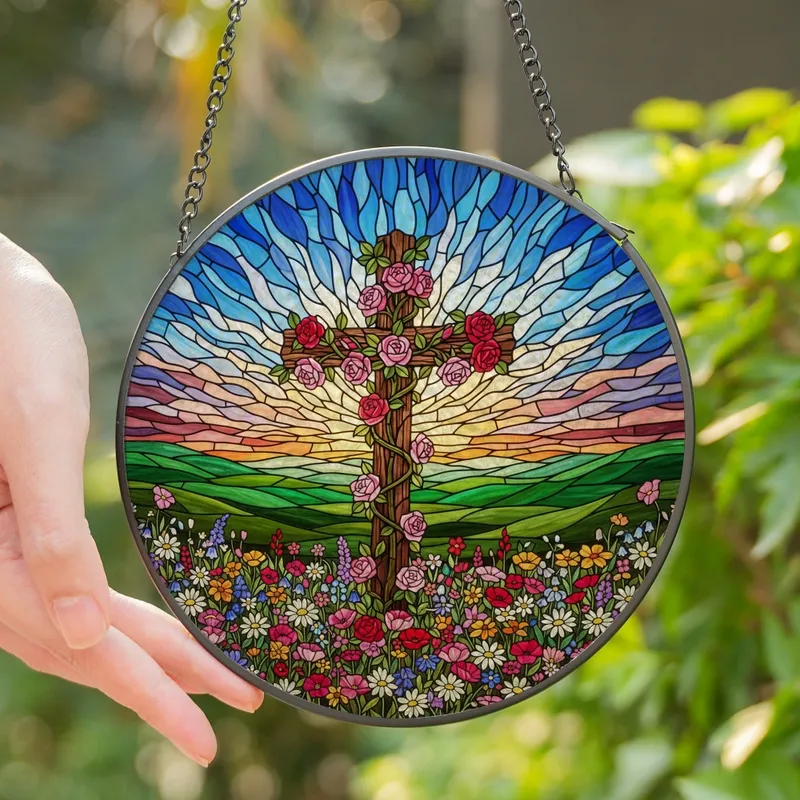 Faithful Art Lovers' Vibrant Stained Glass Floral Cross Wildflower Landscape, Glowing Jewel Tones, Rolling Hills, Sunrise Sky Stained Glass Suncatcher - ESg9oPOwjE
