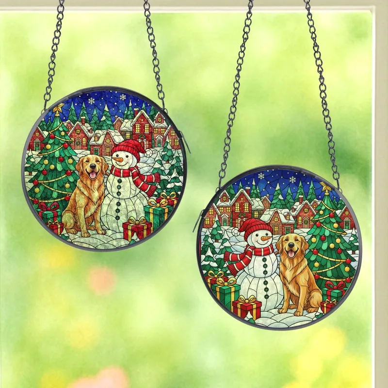 Holiday Enthusiasts' Jewel Tone Stained Glass Christmas Village Snowman Golden Retriever Intricate Mosaic Stained Glass Suncatcher - dP4M57J9FW