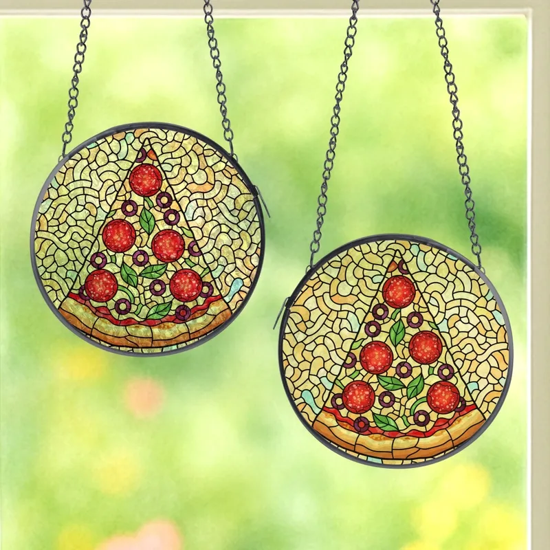 Pizza Enthusiasts' Vibrant Stained Glass Pizza Mosaic Art Glowing Jewel Tones Pepperoni Olives Crust Pattern Stained Glass Suncatcher - 1