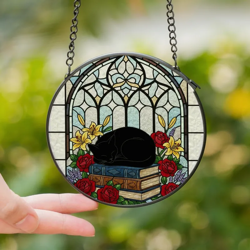 Cat Lovers' Tiffany Stained Glass Black Cat & Books Jewel Tone Floral ...