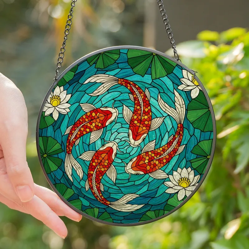 Nature Lovers' Vibrant Tiffany Stained Glass Koi Fish Water Lily Pond Mosaic Intricate Jewel Tones Stained Glass Suncatcher - _QLzQS6uQ9