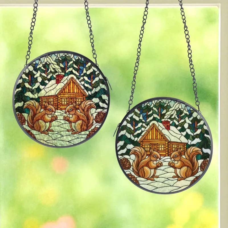Nature Lovers' Intricate Jewel Tone Stained Glass Winter Squirrels Cozy Cabin Forest Mosaic Pattern Stained Glass Suncatcher - 1