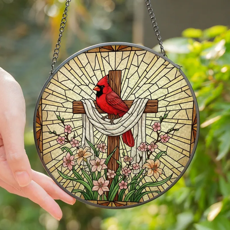 Nature Lovers' Vibrant Stained Glass Cardinal Cross Spring Floral Mosaic Art Stained Glass Suncatcher - 4jcss6Ojvf