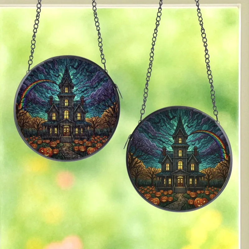 Halloween Enthusiasts' Tiffany Stained Glass Victorian Haunted Mansion with Glowing Jack-o'-lanterns & Bats in Jewel Tones Stained Glass Suncatcher - 1