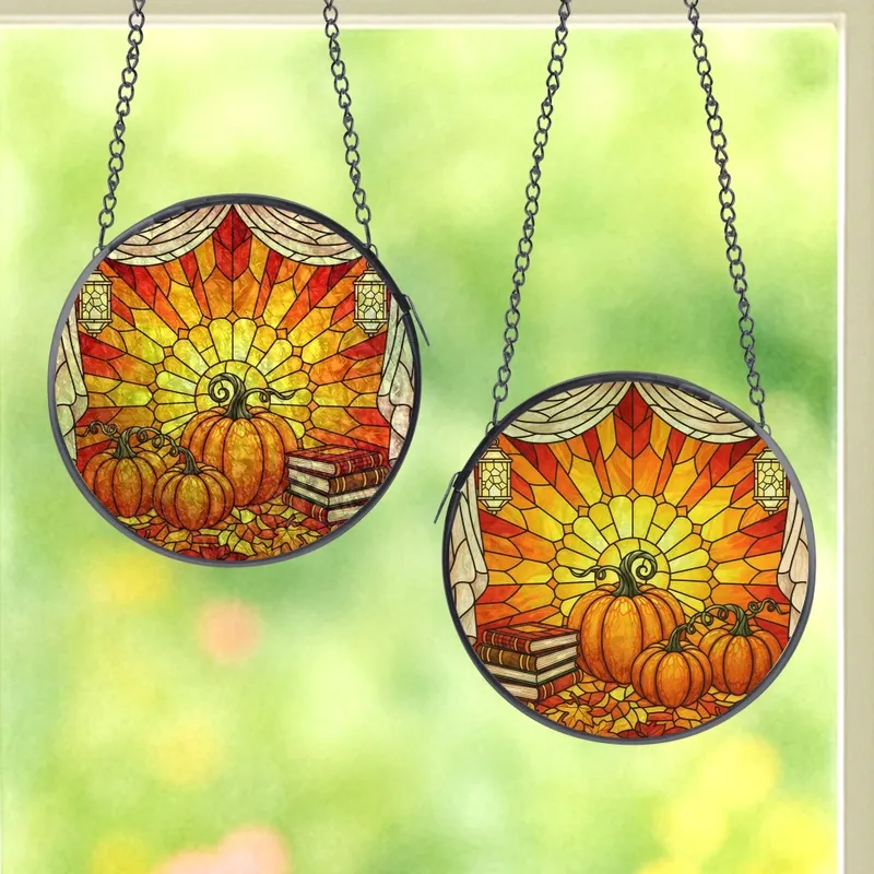 Autumn Lovers' Jewel Tone Tiffany Stained Glass Plump Pumpkins Fall Leaves Radiant Sunset Art Stained Glass Suncatcher - 1