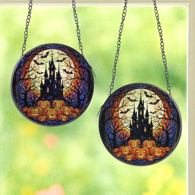 Halloween Art Lovers' Tiffany Stained Glass Castle Jack-o'-Lantern Moon Mosaic Stained Glass Suncatcher - 1