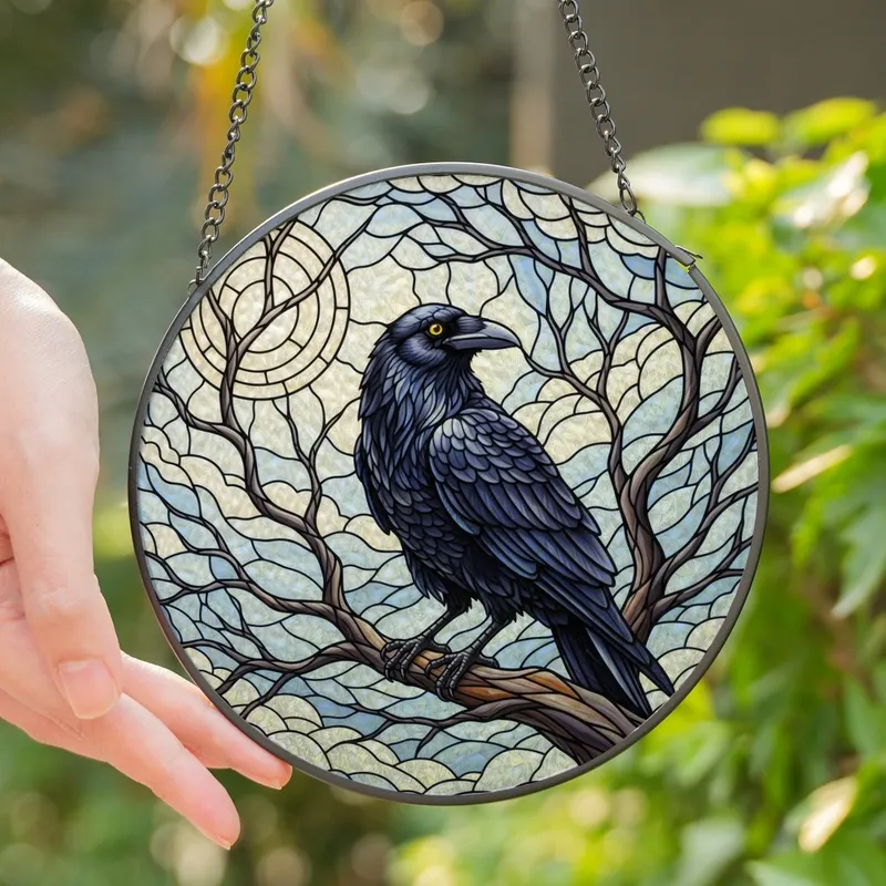 Stained Glass Art Lovers' Majestic Raven Full Moon Opalescent Blue Violet Night Mosaic Stained Glass Suncatcher - MbZWt7HtLi