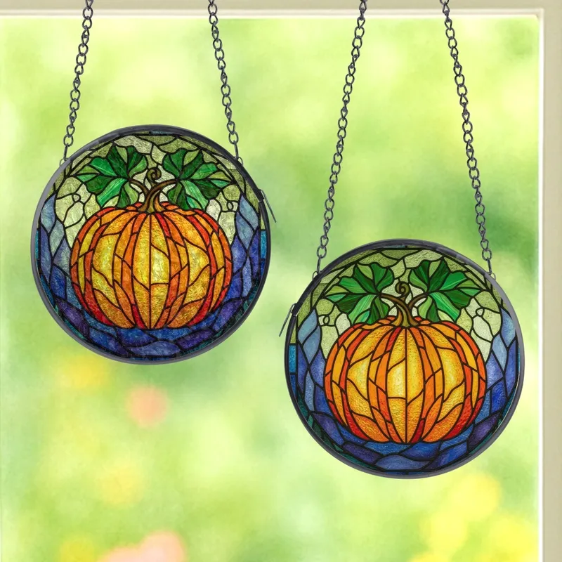 Nature Art Lovers' Intricate Stained Glass Pumpkin & Abstract Jewel Tone Mosaic Stained Glass Suncatcher - 1