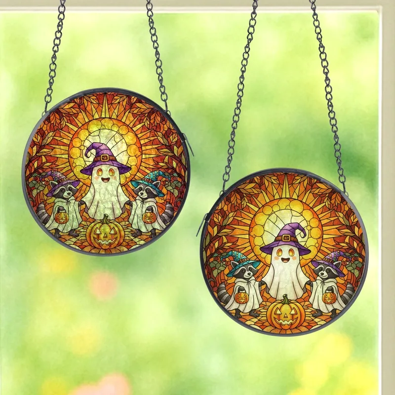 Halloween Lovers' Whimsical Edge-to-Edge Stained Glass Ghost Raccoon & Glowing Jack-o'-Lantern Autumn Mosaic in Orange Yellow Purple Green Stained Glass Suncatcher - 1