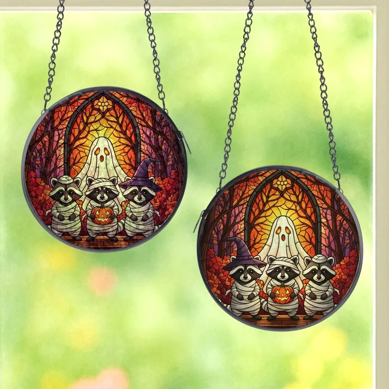 Halloween Art Collectors' Tiffany Stained Glass Mummy Raccoons Ghost Pumpkin Gothic Autumn Scene Stained Glass Suncatcher - 1