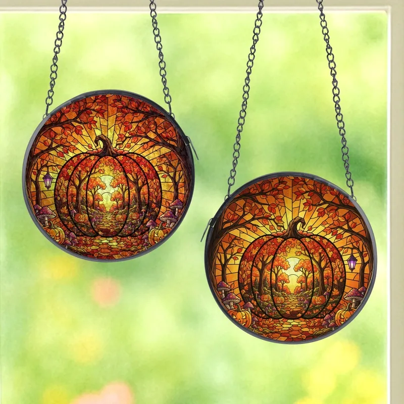 Autumn Fantasy Enthusiasts' Edge-to-Edge Stained Glass Pumpkin Forest Mosaic with Fiery Sunset Hues, Golden Yellow & Purple Tones Stained Glass Suncatcher - 1