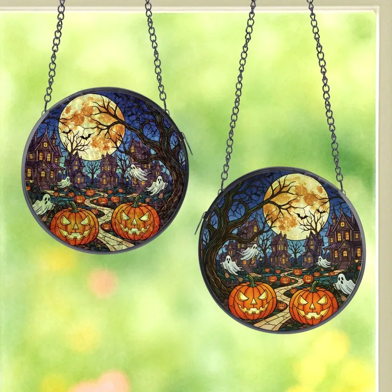 Halloween Enthusiasts' Vibrant Tiffany Stained Glass Haunted Village, Jack-o'-Lanterns, Ghosts, Full Moon Scene Stained Glass Suncatcher - 1