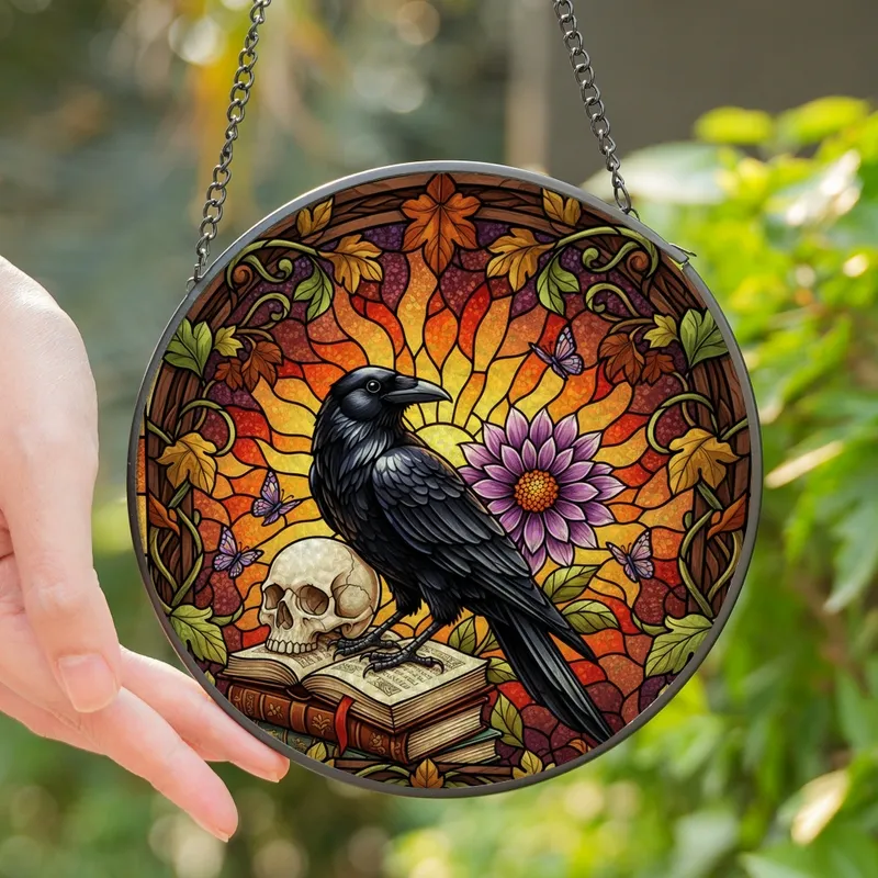 Art Lovers' Intricate Stained Glass Crow Skull Dahlia Celestial Jewel Tones Stained Glass Suncatcher - kgwRkfbyDy