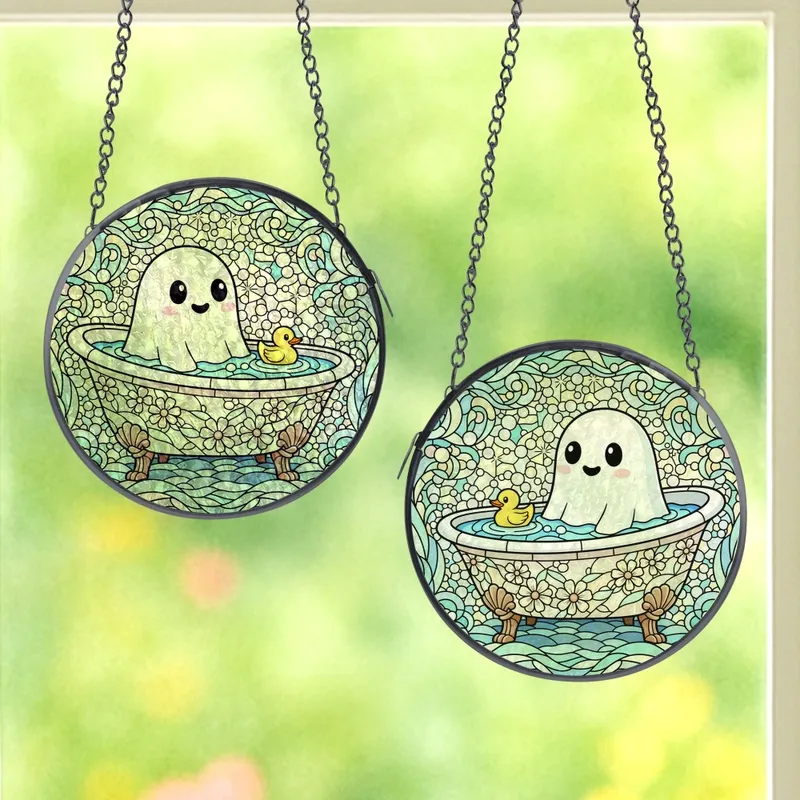 Cozy Aesthetic Fans' Tiffany Style Stained Glass Ghost Bathtime Mosaic with Iridescent Bubbles Stained Glass Suncatcher - 1