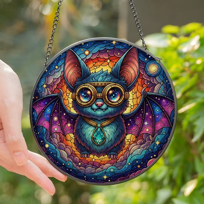 Celestial Dreamers' Tiffany Style Chibi Bat Stained Glass Galactic Jewel Tone Mosaic Stained Glass Suncatcher - 4JV1SgJWus