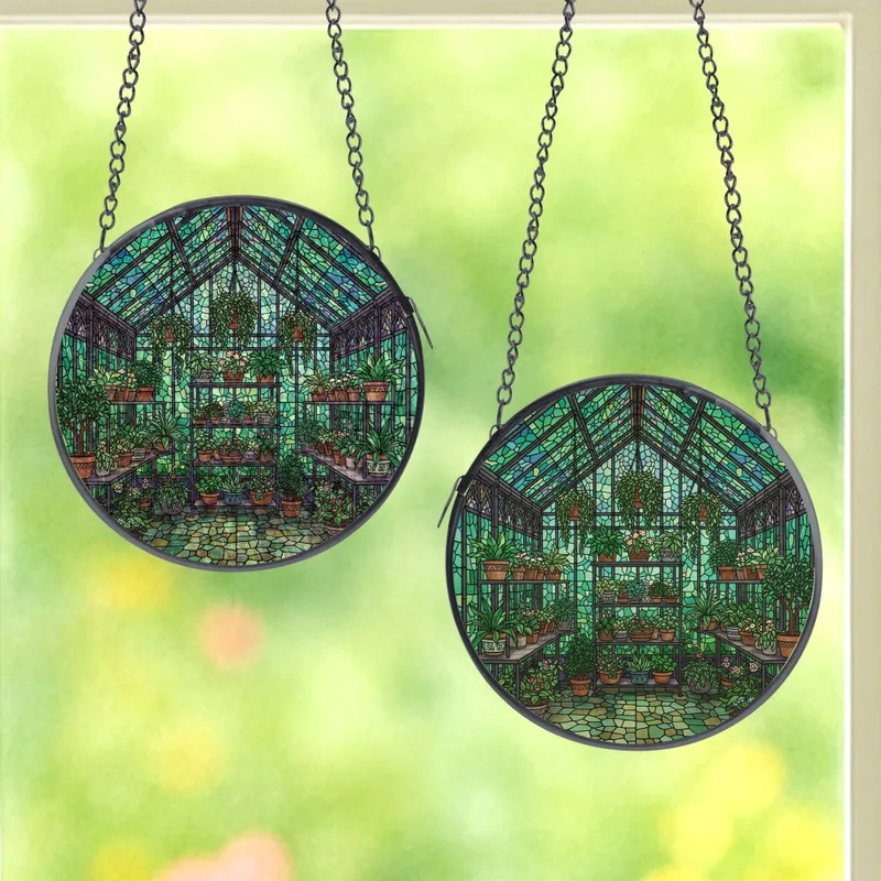Plant Lovers' Intricate Tiffany-Style Stained Glass Emerald Green Sky Blue Amethyst Botanical Greenhouse Mosaic Stained Glass Suncatcher - 1