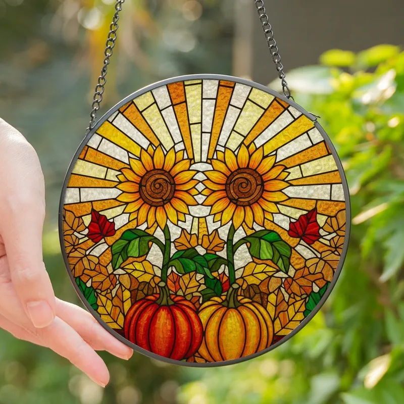Autumn Art Enthusiasts' Vibrant Tiffany Stained Glass Sunflowers Pumpkins Sun Rays Mosaic Stained Glass Suncatcher - 1