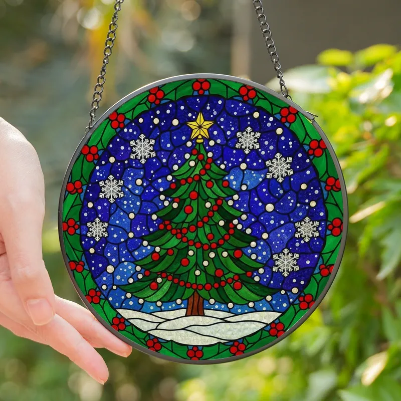 Christmas Lovers' Tiffany Style Stained Glass Christmas Tree, Snowy Starry Night, Holly Berry Border, Deep Jewel Tones Stained Glass Suncatcher - 44CdrRp-Om