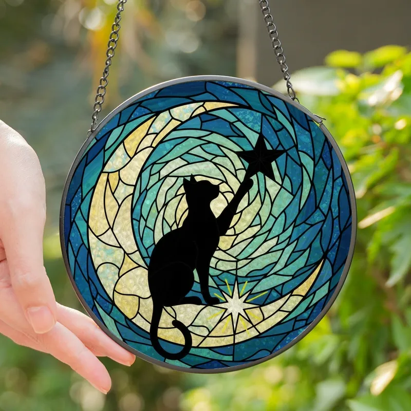 Cat Lovers' Tiffany Style Black Cat Moon Celestial Stained Glass Swirling Blue Teal Jewel Mosaic Stained Glass Suncatcher - PRlGzxhAE2
