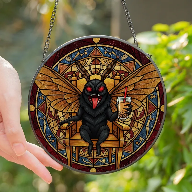 Fantasy Art Lovers' Tiffany Stained Glass Mothman Red Eyes Bubble Tea Cosmic Golden-Brown Abstract Pattern Stained Glass Suncatcher - 1