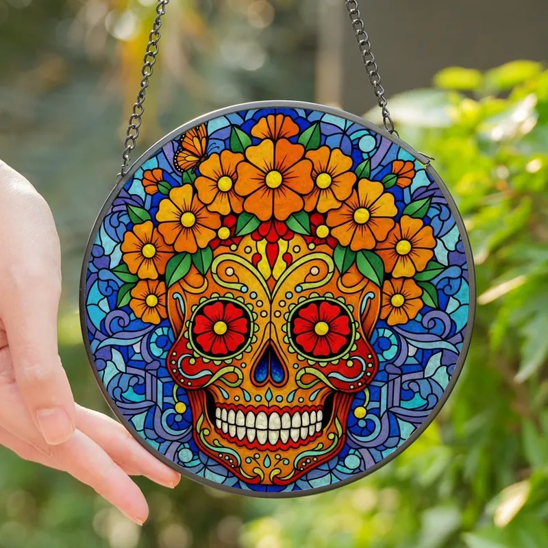 Vibrant Style Seekers' Stained Glass Calavera Marigold Floral Mosaic, Jewel Tone Orange Blue Green Red Stained Glass Suncatcher - 1