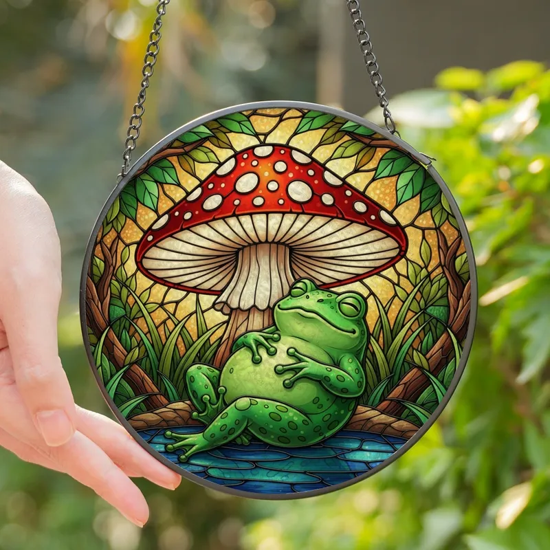 Nature Lovers' Intricate Stained Glass Content Green Frog Mushroom Jewel Tone Mosaic Stained Glass Suncatcher - oY6CT7CabR