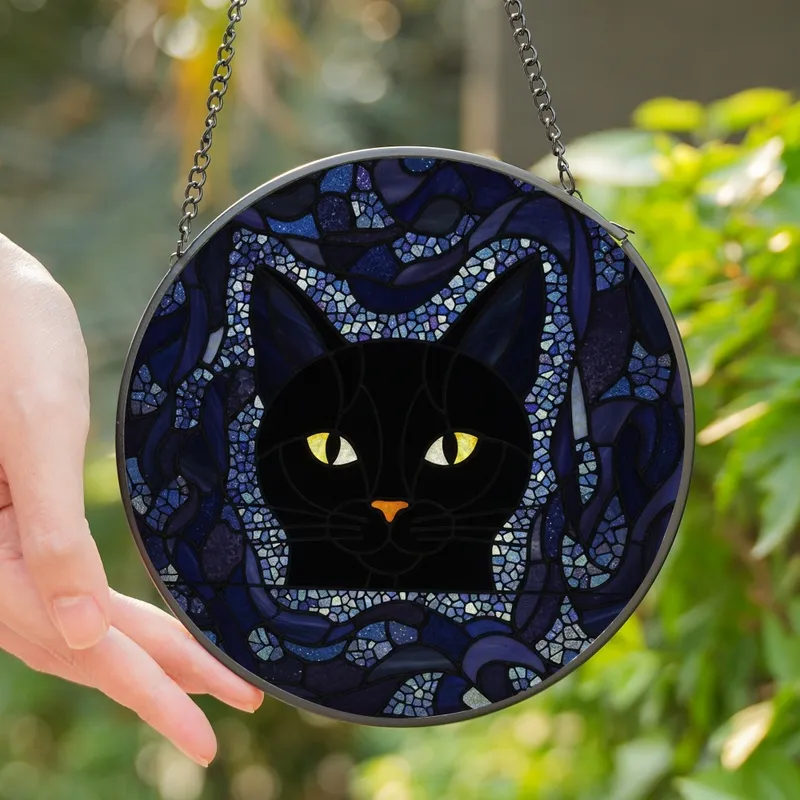 Cat Lovers' Intricate Stained Glass Black Cat Peeking Yellow Eyes Jewel Tone Mosaic Pattern Stained Glass Suncatcher - 1