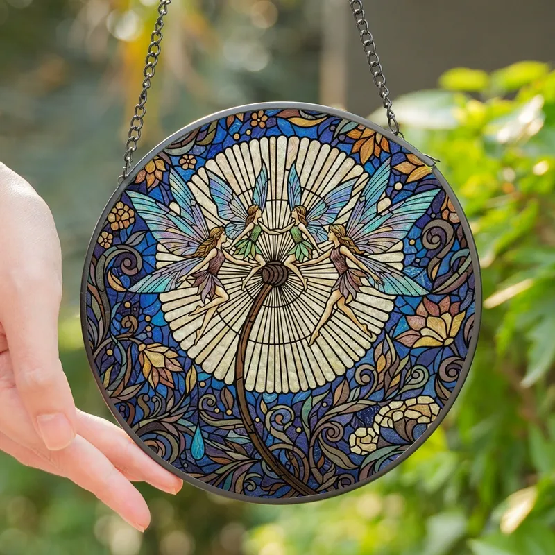 Enchantment Seekers' Iridescent Tiffany Stained Glass Fairies Dandelion Botanical Mosaic Jewel Tones Stained Glass Suncatcher - 1