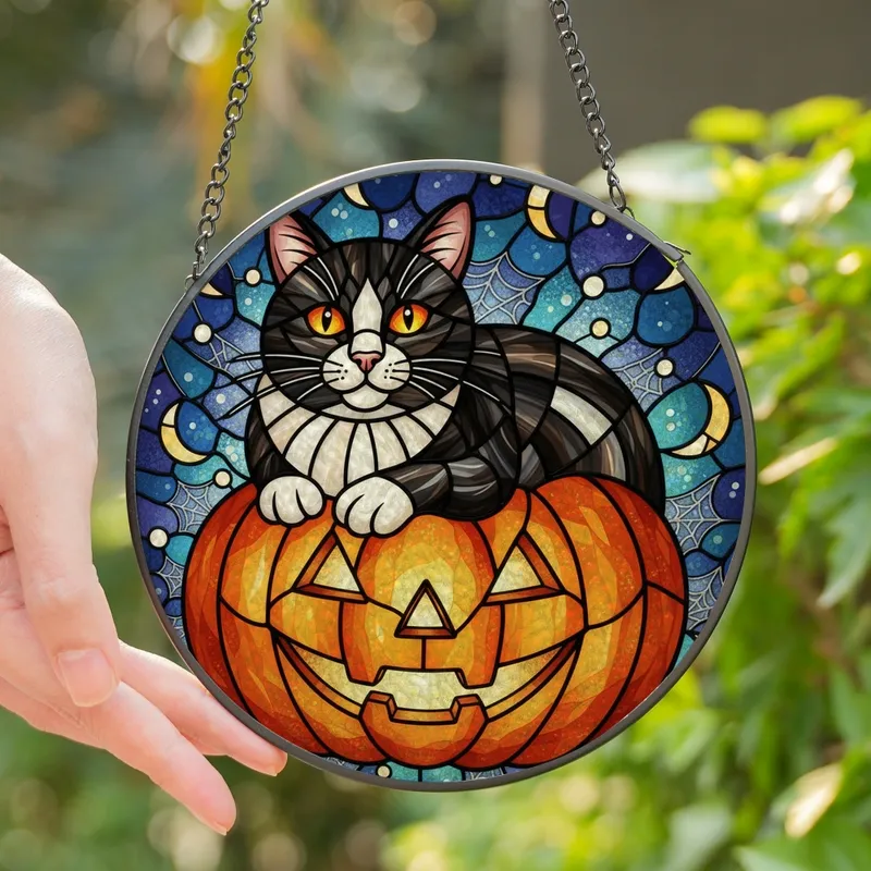 Halloween Cat Lovers' Orange Black Teal Stained Glass Cat Jack-o'-Lantern Starry Mosaic Stained Glass Suncatcher - 1
