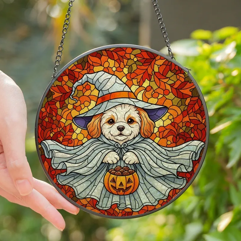 Halloween Enthusiasts' Intricate Stained Glass Fluffy Puppy Witch Orange Ghostly Cloak Autumn Mosaic Stained Glass Suncatcher - 1
