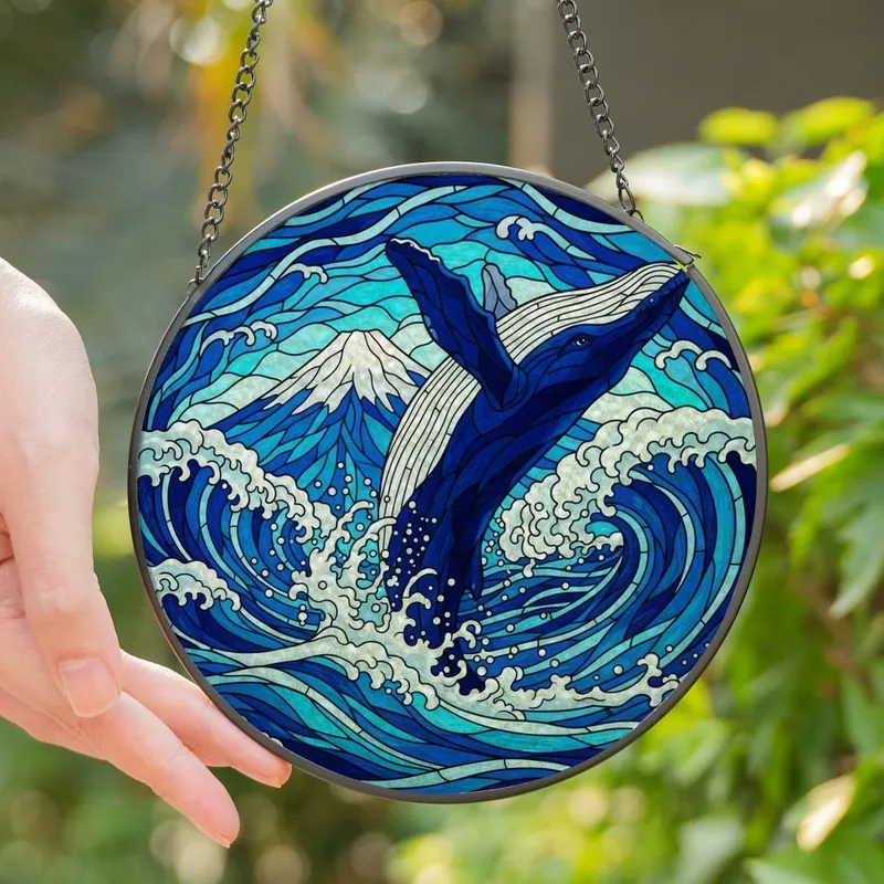 Ocean Lovers' Intricate Tiffany Stained Glass Leaping Dark Blue Whale Mount Fuji Ocean Waves Mosaic Jewel Tones Stained Glass Suncatcher - tgoYvj1F6Y