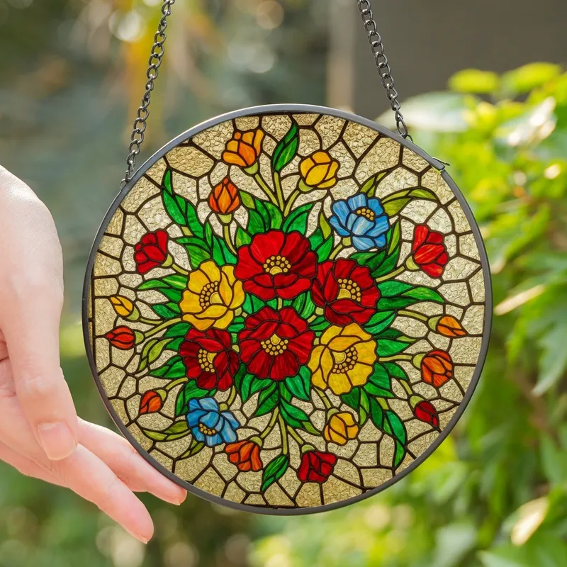 Art Lovers' Tiffany Stained Glass Floral Bouquet Emerald Ruby Gold Amber Mosaic Pattern Stained Glass Suncatcher - 1