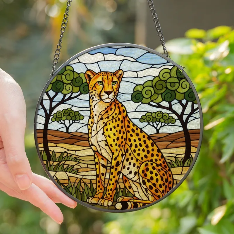 Wildlife Art Lovers' Tiffany Stained Glass Cheetah Savanna Mosaic Amber Blue Orange Hues Stained Glass Suncatcher - 1