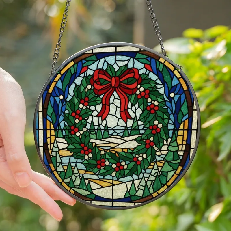 Holiday Admirers' Ruby Emerald Stained Glass Holly Wreath Festive Jewel Tone Geometric Pattern Stained Glass Suncatcher - 1