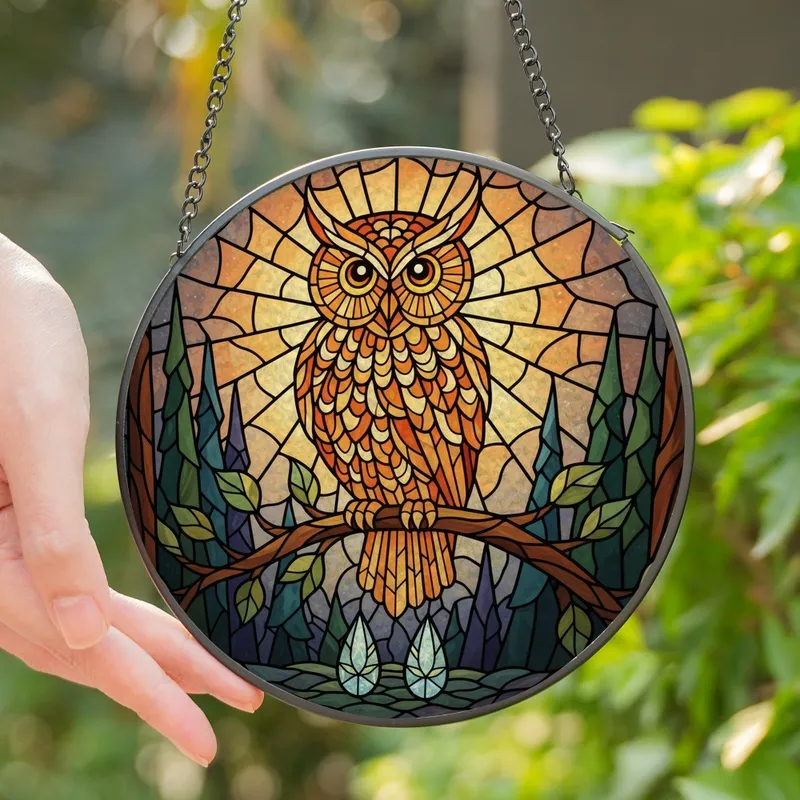 Nature Lovers' Majestic Owl Stained Glass Forest Mosaic Art, Tiffany Style Fiery Orange Amber Blue-Grey Stained Glass Suncatcher - 1