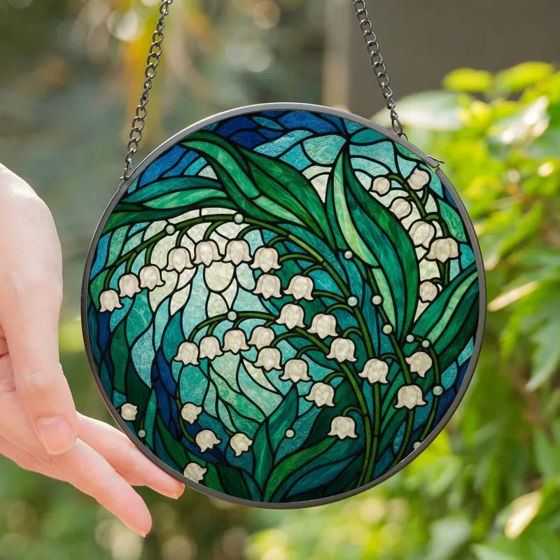 Nature Lovers' Jewel-Toned Stained Glass Lily-of-the-Valley Floral Mosaic Art Pattern Stained Glass Suncatcher - 1