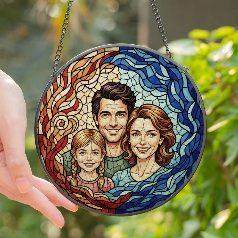 Family Lovers' Joyful Stained Glass Portrait, Tiffany Style Amber Blue Rose Pink Intricate Mosaic Art Stained Glass Suncatcher - 1