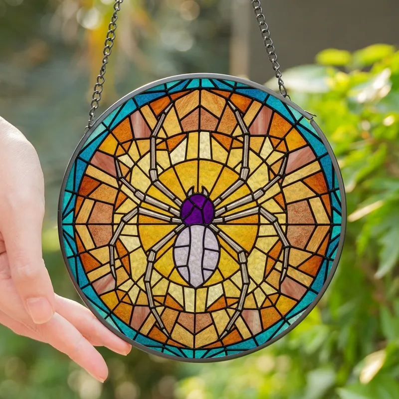 Art Lovers' Intricate Tiffany Glass Spider Stained Mosaic Royal Purple Lavender Teal Amber Gold Geometric Pattern Stained Glass Suncatcher - 1