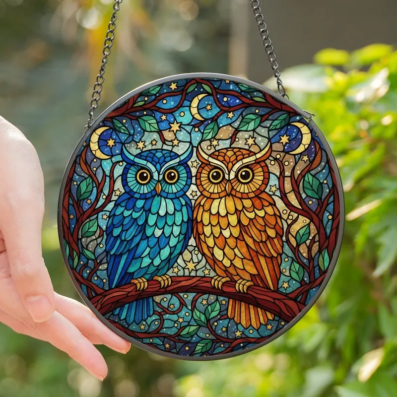 Nature Lovers' Intricate Tiffany Style Stained Glass Owls Nocturnal Woodland Mosaic Deep Blue Amber Gold Stained Glass Suncatcher - 1