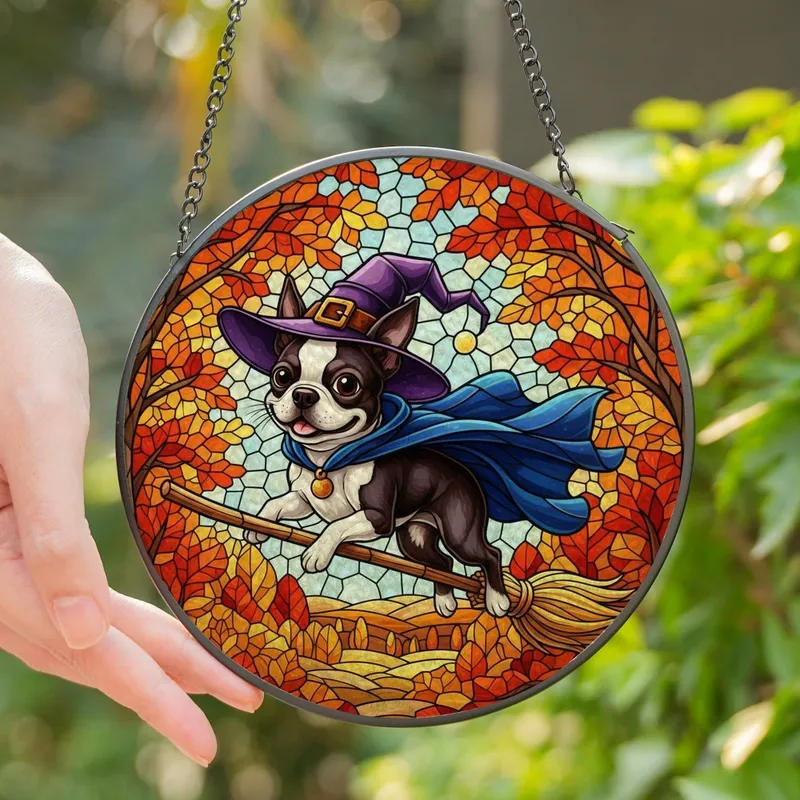 Boston Terrier Lovers' Whimsical Stained Glass Witch Dog Autumn Foliage Purple Blue Orange Stained Glass Suncatcher - 1