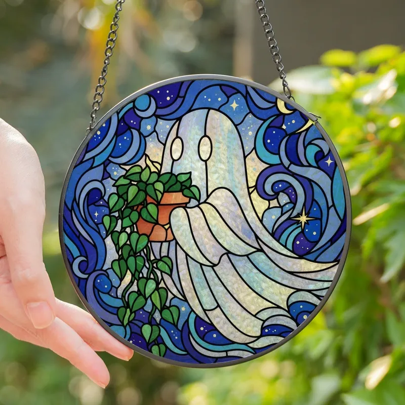 Whimsical Art Lovers' Tiffany Stained Glass Ghost Mosaic Ethereal Blues Green Terracotta Jewel Tones Stained Glass Suncatcher - 1