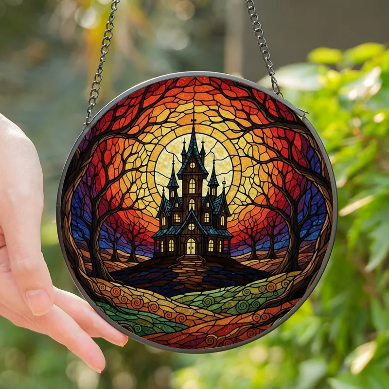 Gothic Art Enthusiasts' Jewel Tone Stained Glass Haunted Mansion Orange Purple Gradient Sky Art Stained Glass Suncatcher - 1