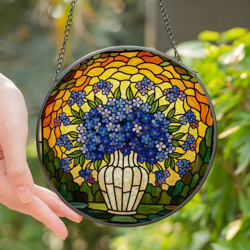 Floral Art Lovers' Tiffany Style Stained Glass Forget-Me-Not Bouquet Iridescent Blue Green Mosaic Stained Glass Suncatcher - Z01I8QfQ9n