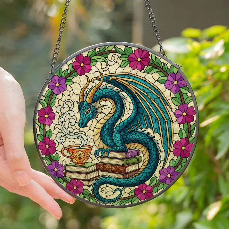 Fantasy Lovers' Vibrant Tiffany Style Stained Glass Teal Blue Dragon Books & Teacup Design Stained Glass Suncatcher - 1