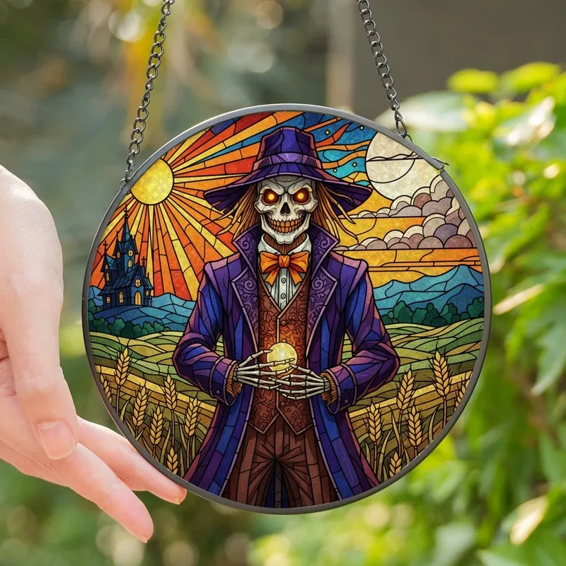 Gothic Art Lovers' Edge-to-Edge Stained Glass Grinning Skeletal Scarecrow, Golden Wheat, Haunted House, Orange Purple Blue Jewel Tones Stained Glass Suncatcher - 1